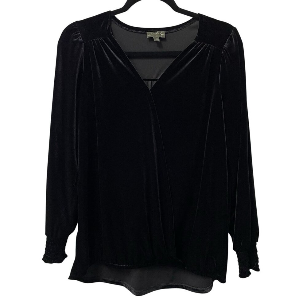 WONDERLY VELVET BLOUSE FAUX WRAP SIZE XS RELAXED FIT HOLIDAY CHIC BLACK CLASSIC
